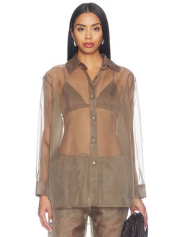 RENGGLI - Organza Women's Sheer Button-Down Shirt Brown
