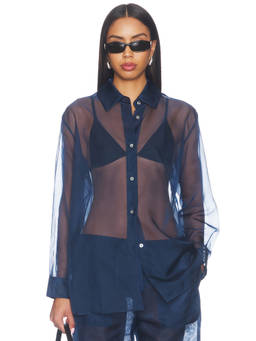 RENGGLI - Organza Women's Sheer Button-Up Shirt Navy Blue