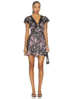 RIXO - Lacie Women's Floral Lace Trim V-Neck Mini Dress Black