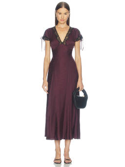 RIXO - Jacquard Women's Lace Trim Cold-Shoulder Midi Dress Maroon