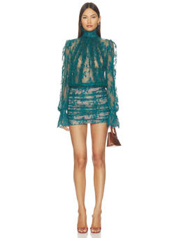 Retrofete - Ysolde Women's Sheer Lace Ruched Bodycon Mini Dress Teal