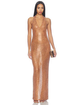 Retrofete - Lolly Women's Halter Neck Sequin Maxi Dress Gold