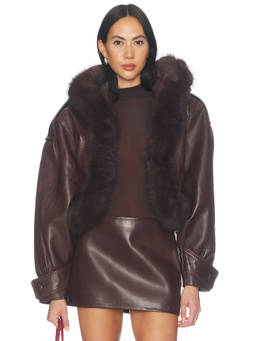 Retrofete - Faux Fur Trim Women's Cropped Leather Jacket Brown