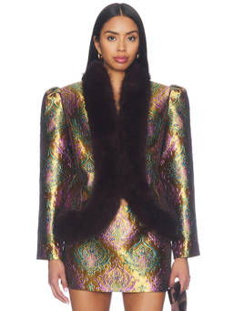 Retrofete - Delphira Women's Brocade Faux Fur Trim Jacket Gold