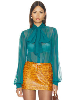 Retrofete - Silk Chiffon Women's Sheer Tie-Up Neck Blouse Teal