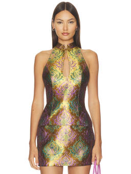 Retrofete - Moreno Women's Brocade Halter Neck Keyhole Top Gold