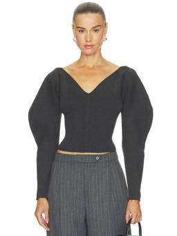 Ronny Kobo - Krystal Women's V-Neck Puff Sleeve Pullover Sweater Black
