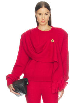 Rowen Rose - Mohair Women's Brushed Knit Integrated Scarf Pullover Sweater Red