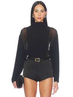 SANS FAFF - Mockneck Women's Sheer Panel Silk Blouse Black