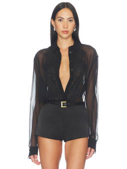 SANS FAFF - Silk Lace Women's Sheer Button-Front Blouse Black
