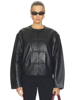 St. Agni - Button Detail Women's Cocoon Leather Jacket Black