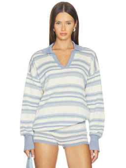 SNDYS - Nada Knit Women's Striped Collared Pullover Sweater Blue