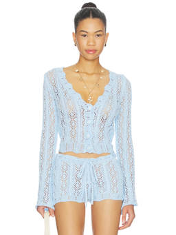 SNDYS - Women's Sheer Crochet Knit Button-Down Crop Cardigan Blue