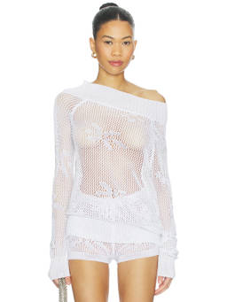 SNDYS - Terra Women's Off-Shoulder Open Crochet Knit Top White