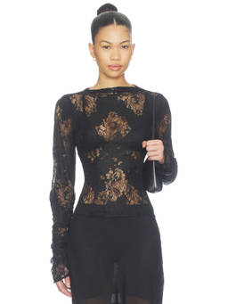 SNDYS - Aisha Women's Sheer Lace Ruched Sleeve Top Black