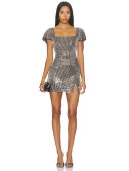 self-portrait - Rhinestone Mesh Women's Square Neck Mini Bodycon Dress Grey