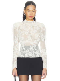 self-portrait - Sequin Lace Women's Sheer High Neck Top Cream
