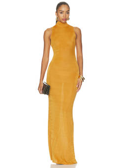 SER.O.YA - Alessia Women's Slinky Jersey Semi-Sheer Turtleneck Maxi Dress Yellow