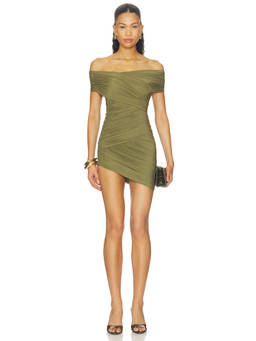 SER.O.YA - Deniz Women's Ruched Off-Shoulder Bodycon Mini Dress Olive
