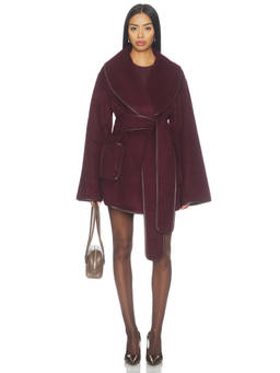 SER.O.YA - Dulcetta Women's Wool Blend Shawl Lapel Wrap Coat Burgundy
