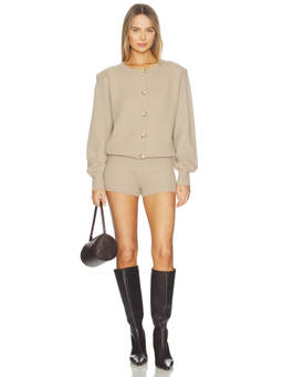 SER.O.YA - Sable Knit Women's Button Front Padded Shoulder Romper Beige