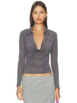 SER.O.YA - Haviland Women's Sheer Drape Neck Crop Top Charcoal