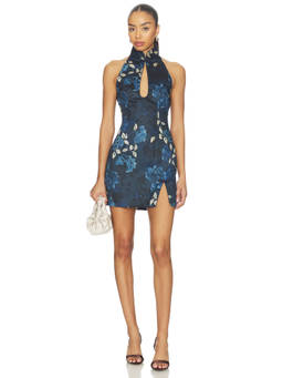 SAU LEE - Satin Floral Women's Keyhole Halter Mini Dress Navy Blue