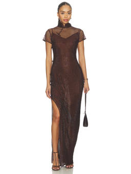 SAU LEE - Ming Crystal Women's Rhinestone Mesh Maxi Dress Brown