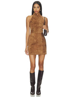 SAU LEE - Tilda Women's Faux Suede Sleeveless Halter Mini Dress Brown