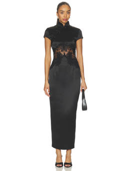 SAU LEE - Charlize Women's Lace Detail Satin Maxi Dress Black