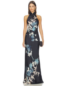 SAU LEE - Gillian Satin Women's Floral Halter Neck Maxi Gown Black