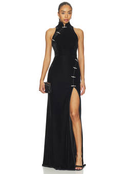 SAU LEE - Ariana Velvet Women's Crystal Embellished Halter Gown Black
