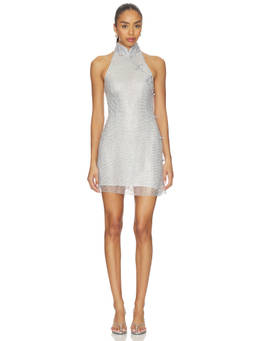 SAU LEE - Rhinestone Mesh Women's Halter High Neck Bodycon Mini Dress Silver
