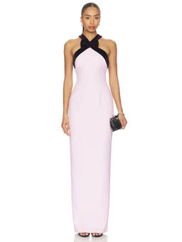 SAU LEE - Eloise Women's Halter Mandarin Neck Maxi Gown Pink