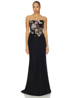 SAU LEE - Embroidered Sequin Women's Strapless Velvet Maxi Gown Black