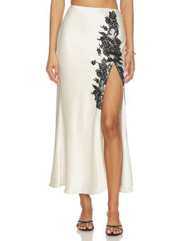 SAU LEE - Elva Women's Satin Lace Trim Maxi Skirt Pearl