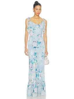 Steve Madden - Malenna Women's Floral Ruffled Shoulder Strap Maxi Dress Blue