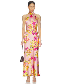 Steve Madden - Lara Women's Floral Halter Neck Satin Maxi Dress Pink