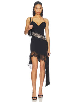 Steve Madden - Wes Women's Lace Trim Asymmetric Hem Midi Dress Black