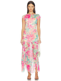 Steve Madden - Agnes Women's Ruched Floral Mesh Maxi Dress Multi-Color