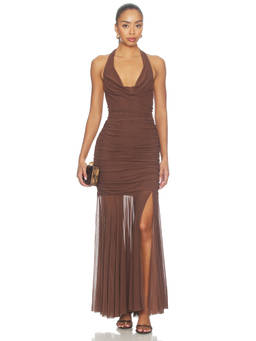 Steve Madden - Ruched Women's Halter Neck Maxi Dress Brown