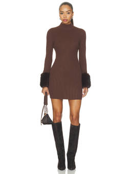 Steve Madden - Riello Women's Ribbed Knit Faux Fur Cuff Mini Dress Brown