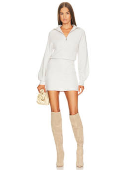 Steve Madden - Rowena Women's Ribbed Knit Zip Neck Blouson Sleeve Mini Dress White