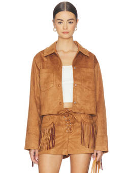 Steve Madden - Cheyenne Women's Fringe Faux Suede Snap Button Jacket Tan