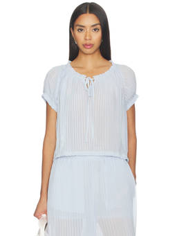 Steve Madden - Women's Pleated Drawstring Tie-Up Neck Top Blue