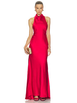 Sonya Moda - Petra Women's Halter Neck Satin Maxi Gown Red