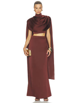 Sonya Moda - Women's Satin Draped Cape Crop Top Maroon