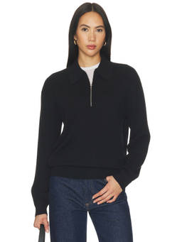 Sold Out NYC - Cashmere Zip Women's Ribbed Hem Polo Top Black