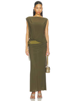 Sovere - Ruched Mesh Women's Pull-On Maxi Dress Olive