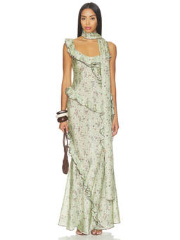SIEDRES - Monica Women's Floral Ruffled Satin Maxi Dress Green